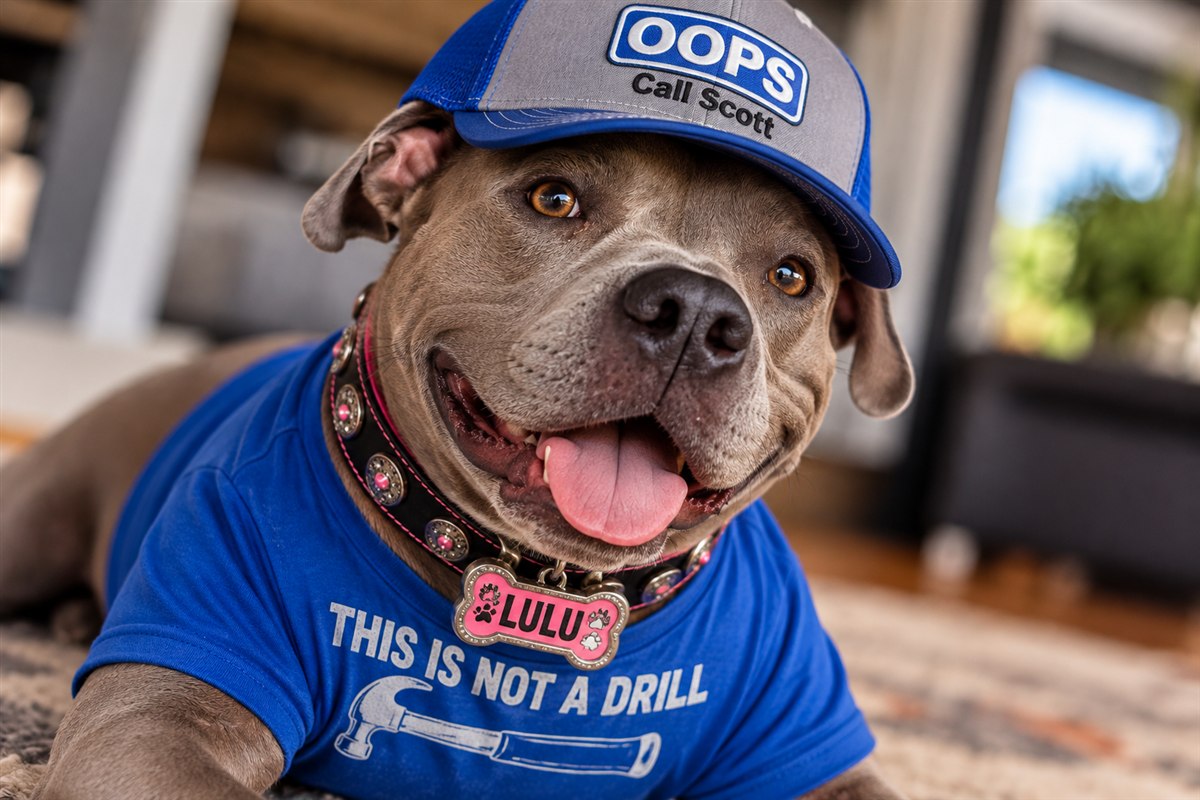 Lulu, Scott The Handyman's Chief Morale Officer, wearing her OOPS Call Scott cap and This Is Not a Drill shirt